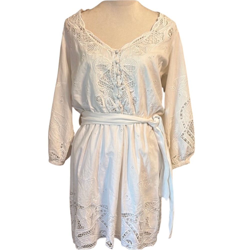 Boston Proper Embroidered Linen White Lace Dress with liner